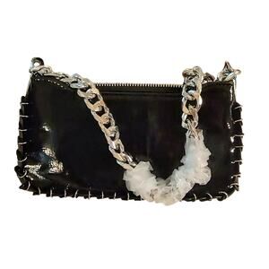 Black Faux Patent Leather Mini Shoulder Bag w Silver Metal Detail & Chain Strap